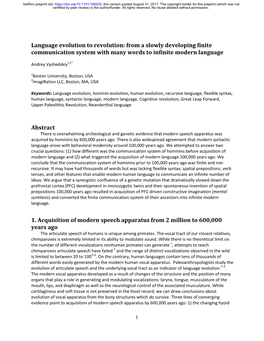 Language Evolution to Revolution: from a Slowly Developing Finite Communication System with Many Words to Infinite Modern Language