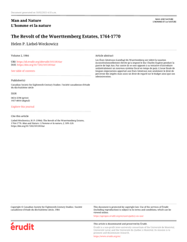 The Revolt of the Wuerttemberg Estates, 1764-1770 Helen P