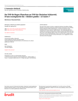 Du TNP De Roger Planchon Au TNP De Christian Schiaretti. D’Une Exemplarité Du « Théâtre Public » À L’Autre ? Bérénice Hamidi-Kim
