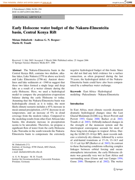 Early Holocene Water Budget of the Nakuru-Elmenteita Basin, Central Kenya Rift