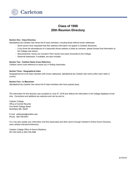 20Th Reunion Directory Class of 1998