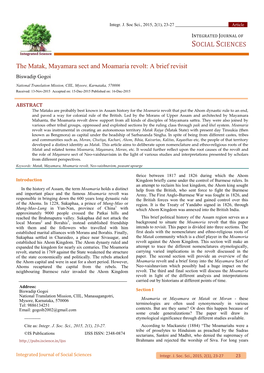 SOCIAL SCIENCES the Matak, Mayamara Sect and Moamaria Revolt