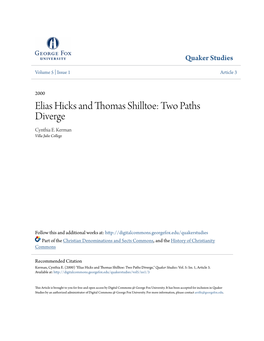 Elias Hicks and Thomas Shilltoe: Two Paths Diverge Cynthia E