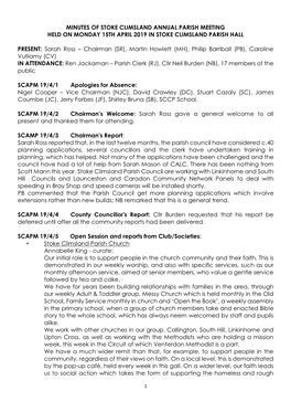 Minutes of Stoke Climsland Annual Parish Meeting Held on Monday 15Th April 2019 in Stoke Climsland Parish Hall