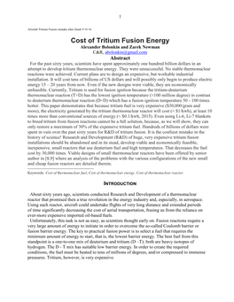 Cost of Tritium Fusion Energy