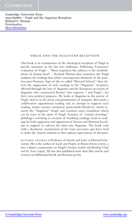 VIRGIL and the AUGUSTAN RECEPTION This Book Is An