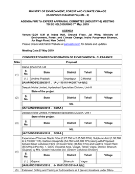 AGENDA for 7Th EXPERT APPRAISAL COMMITTEE (INDUSTRY-2) MEETING to BE HELD DURING 7Th May, 2019