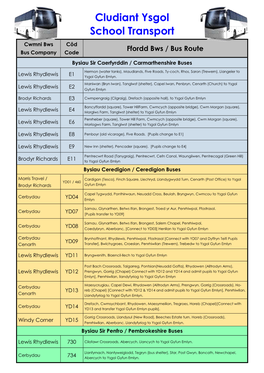 Cludiant Ysgol School Transport Cwmni Bws Côd Ffordd Bws / Bus Route Bus Company Code Bysiau Sir Caerfyrddin / Carmarthenshire Buses