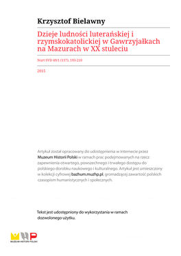 Krzysztof Bielawny Dzieje Ludności Luterańskiej I Rzymskokatolickiej W Gawrzyjałkach Na Mazurach W XX Stuleciu