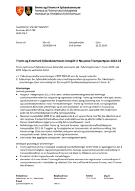 Troms Og Finnmark Fylkeskommunes Innspill Til Nasjonal Transportplan 2022-33
