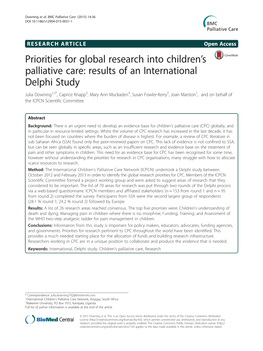 Priorities for Global Research Into Children's Palliative Care: Results Of