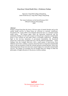 Hong Kong's Mental Health Policy—Preliminary Findings Gigi Lam