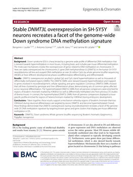 Stable DNMT3L Overexpression in SH-SY5Y Neurons Recreates a Facet of the Genome-Wide Down Syndrome DNA Methylation Signature