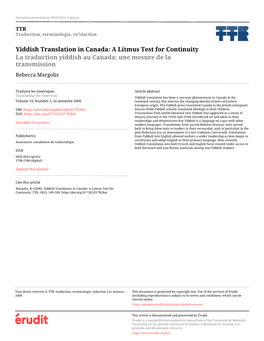 Yiddish Translation in Canada: a Litmus Test for Continuity La Traduction Yiddish Au Canada: Une Mesure De La Transmission Rebecca Margolis