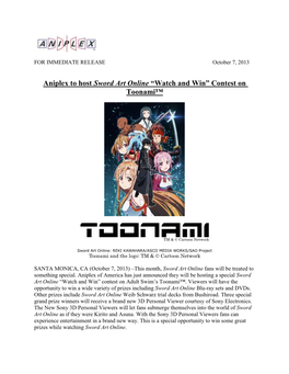 Aniplex to Host Sword Art Online “Watch and Win” Contest on Toonami™