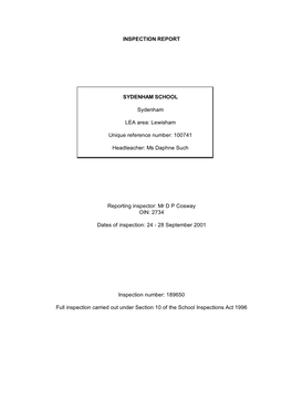 INSPECTION REPORT SYDENHAM SCHOOL Sydenham LEA Area