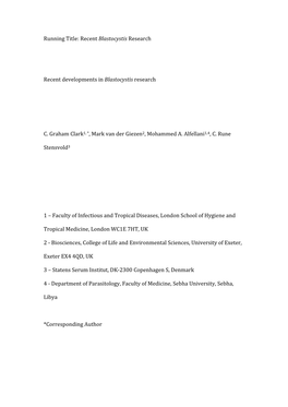 Running Title: Recent Blastocystis Research