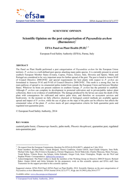 Scientific Opinion on the Pest Categorisation of Paysandisia Archon (Burmeister)1