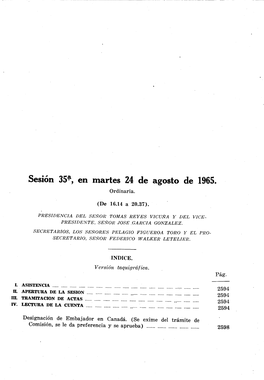 Sesión 35, Ordinaria, En Martes 24 De Agosto De 1965