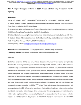 Title: a Single Heterozygous Mutation in COG4 Disrupts Zebrafish Early Development Via Wnt