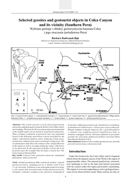 Selected Geosites and Geotourist Objects in Colca Canyon and Its