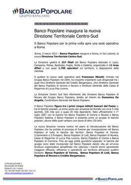 Banco Popolare Inaugura La Nuova Direzione Territoriale Centro-Sud