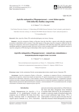 Aspicilia Stalagmitica (Megasporaceae) – a New Lichen Species with Isidia-Like Thalline Outgrowths