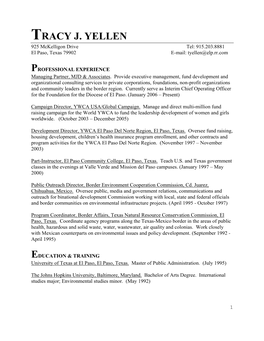 TRACY J. YELLEN 925 Mckelligon Drive Tel: 915.203.8881 El Paso, Texas 79902 E-Mail: Tyellen@Elp.Rr.Com