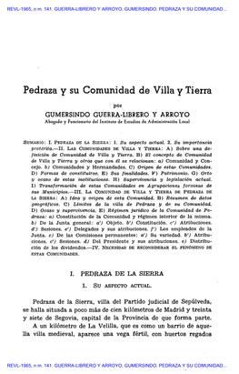 REVL-1965, Núm. 141. GUERRA-LIBRERO Y ARROYO, GUMERSINDO. PEDRAZA Y SU COMUNIDAD DE VILLA Y TIERRA