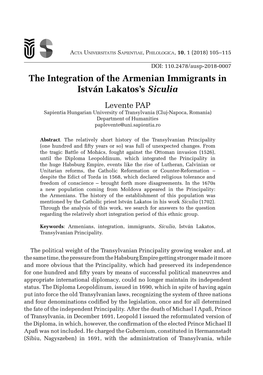 The Integration of the Armenian Immigrants in István Lakatos's Siculia