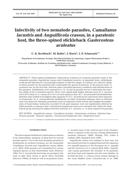 Infectivity of Two Nematode Parasites, Camallanus Lacustris and Anguillicola Crassus, in a Paratenic Host, the Three-Spined Stickleback Gasterosteus Aculeatus