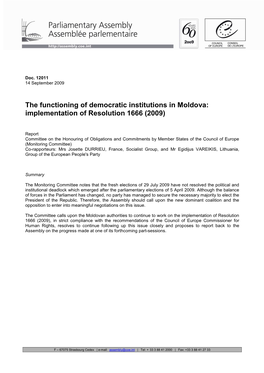 The Functioning of Democratic Institutions in Moldova: Implementation of Resolution 1666 (2009)