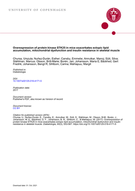 Overexpression of Protein Kinase STK25 in Mice Exacerbates Ectopic Lipid Accumulation, Mitochondrial Dysfunction and Insulin Resistance in Skeletal Muscle