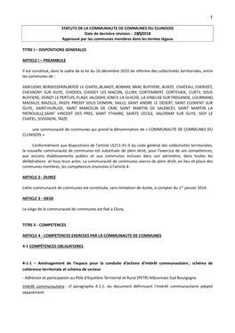 STATUTS DE LA COMMUNAUTE DE COMMUNES DU CLUNISOIS Date De Dernière Révision : 28/5/2018 Approuvé Par Les Communes Membres Dans Les Termes Légaux