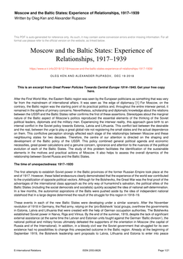 Moscow and the Baltic States: Experience of Relationships, 1917–1939 Written by Oleg Ken and Alexander Rupasov