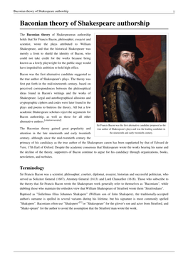 Baconian Theory of Shakespeare Authorship 1 Baconian Theory of Shakespeare Authorship