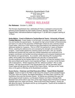 PRESS RELEASE for Release: October 5, 2008