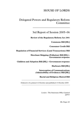 HOUSE of LORDS Delegated Powers and Regulatory Reform