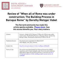 When All of Rome Was Under Construction: the Building Process in Baroque Rome” by Dorothy Metzger Habel