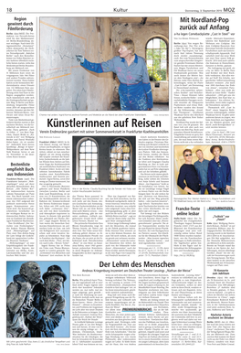 Presseartikel Donnerstag, 3. September 2015 MOZ KÜNSTLERINNEN AUF REISEN Verein Endmoräne Gastiert Mit Seiner Sommerwerkstatt In