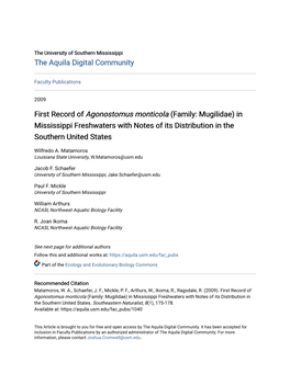 First Record of Agonostomus Monticola (Family: Mugilidae) in Mississippi Freshwaters with Notes of Its Distribution in the Southern United States