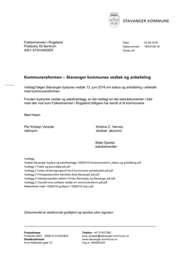 Kommunereform En – Stavanger Kommunes Vedtak Og Anbefaling