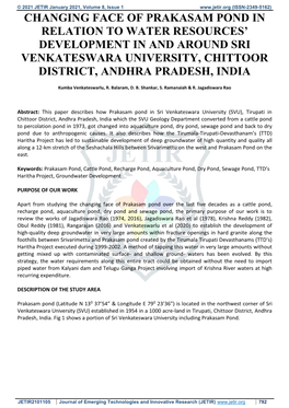 Changing Face of Prakasam Pond in Relation to Water Resources’ Development in and Around Sri Venkateswara University, Chittoor District, Andhra Pradesh, India