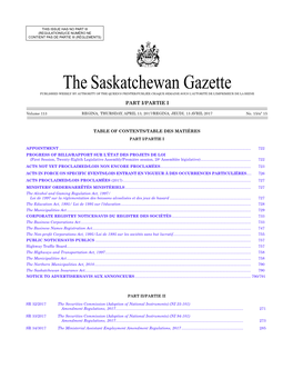 The Saskatchewan Gazette, 13 Avril 2017 721 (Regulations)/Ce Numéro Ne Contient Pas De Partie Iii (Règlements)