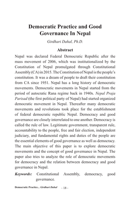 Democratic Practice and Good Governance in Nepal Girdhari Dahal, Ph.D