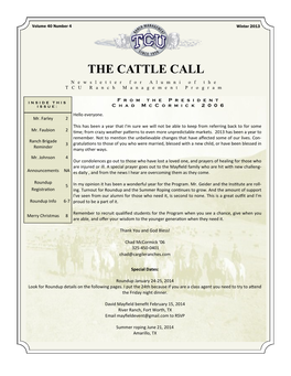 THE CATTLE CALL Newsletter for Alumni of the TCU Ranch Management Program