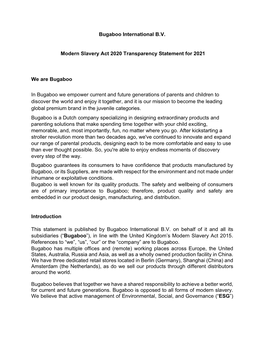 Bugaboo International B.V. Modern Slavery Act 2020 Transparency