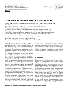 Arctic Ocean Surface Geostrophic Circulation 2003–2014