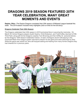 Dragons 2019 Season Featured 20Th Year Celebration, Many Great Moments and Events