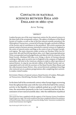 Contacts in Natural Sciences Between Riga and England in 1660–1710
